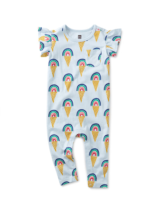 Rainbow Cones in Blue Ruffle Sleeve Baby Romper