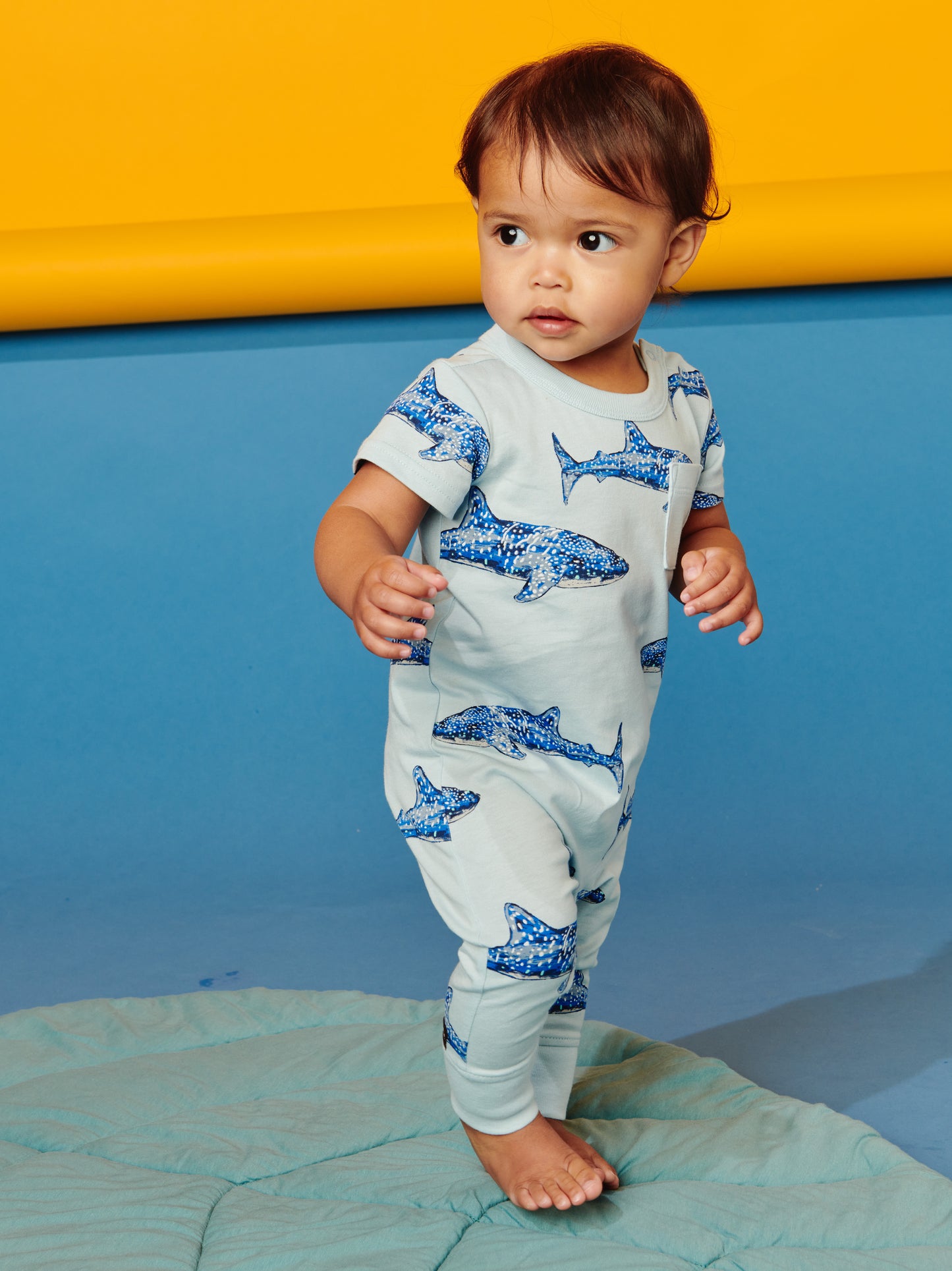 Whale Sharks in Blue Pocket Baby Romper