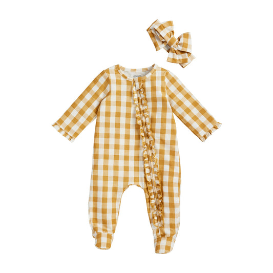Mustard Gingham Sleeper & Headband Set