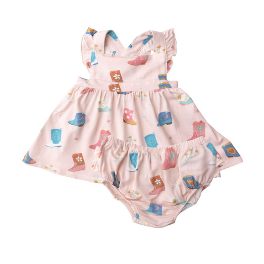 Pink Cowboy Boots Pinafore Top and Bloomer Set