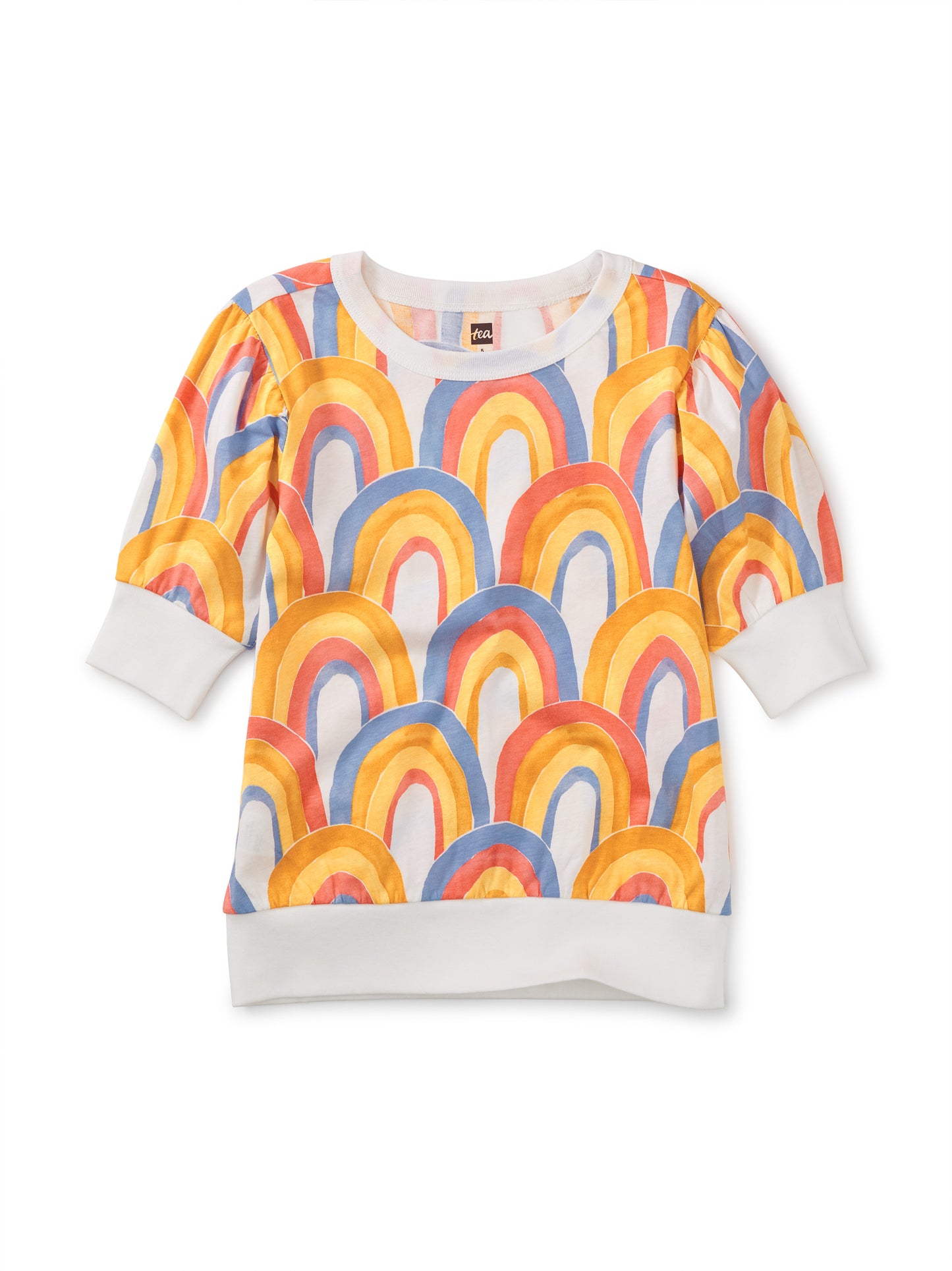 Over the Rainbow in White Printed Elbow-Sleeve Tunic Top