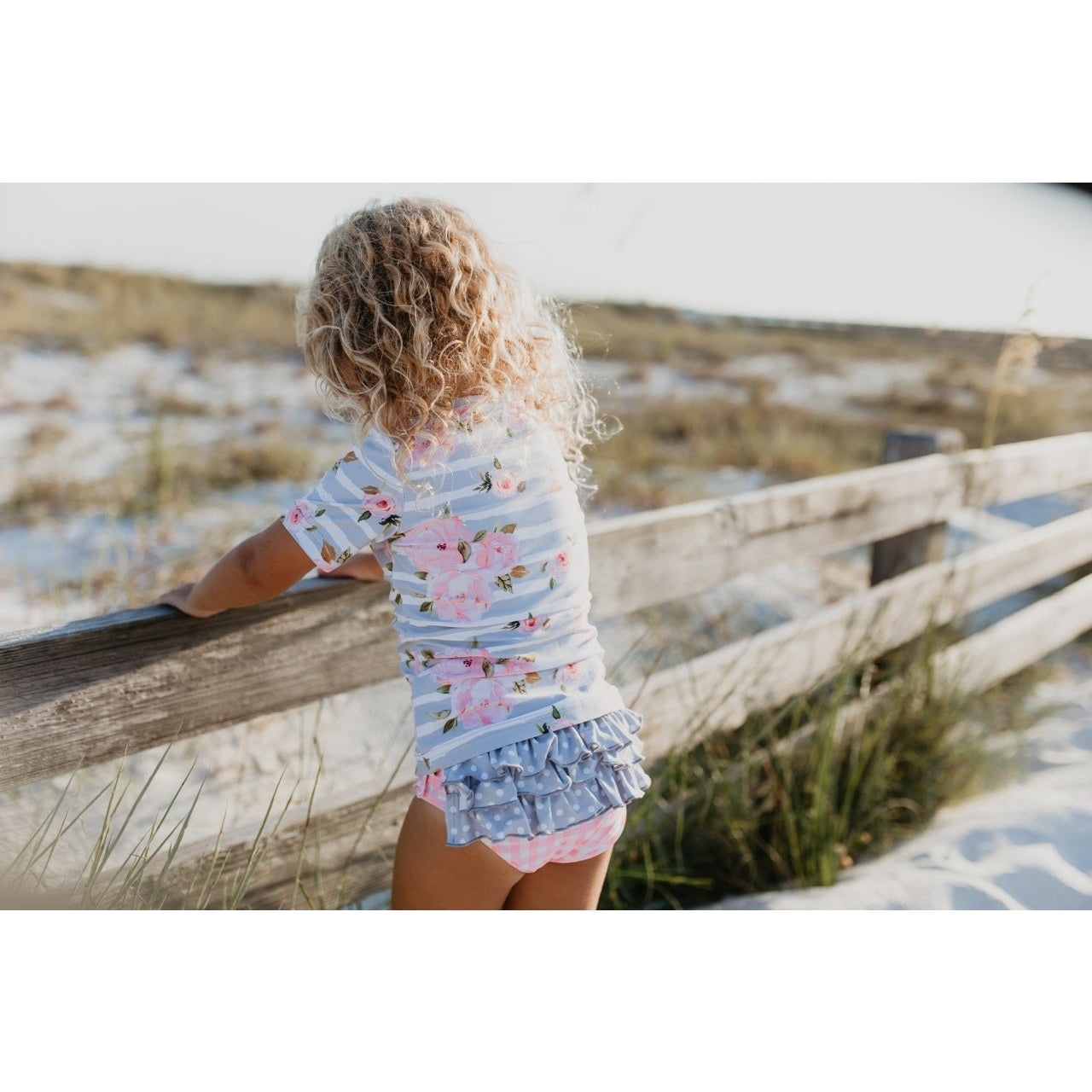 Pink Floral Rash Guard with Pink Check Ruffle Bottoms