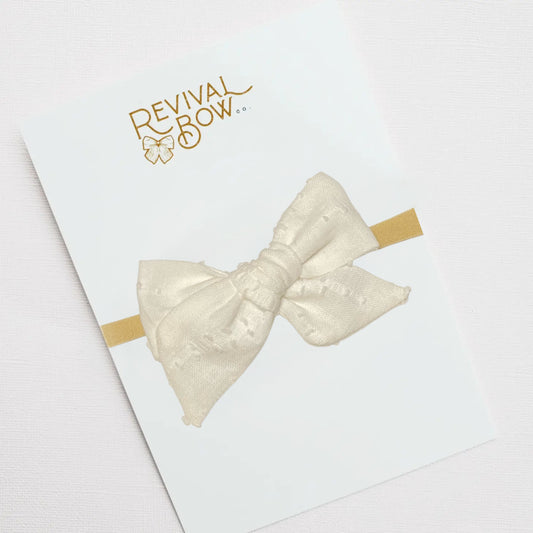 Ivory Dot Linen Small Pinwheel Bow on Nylon Headband