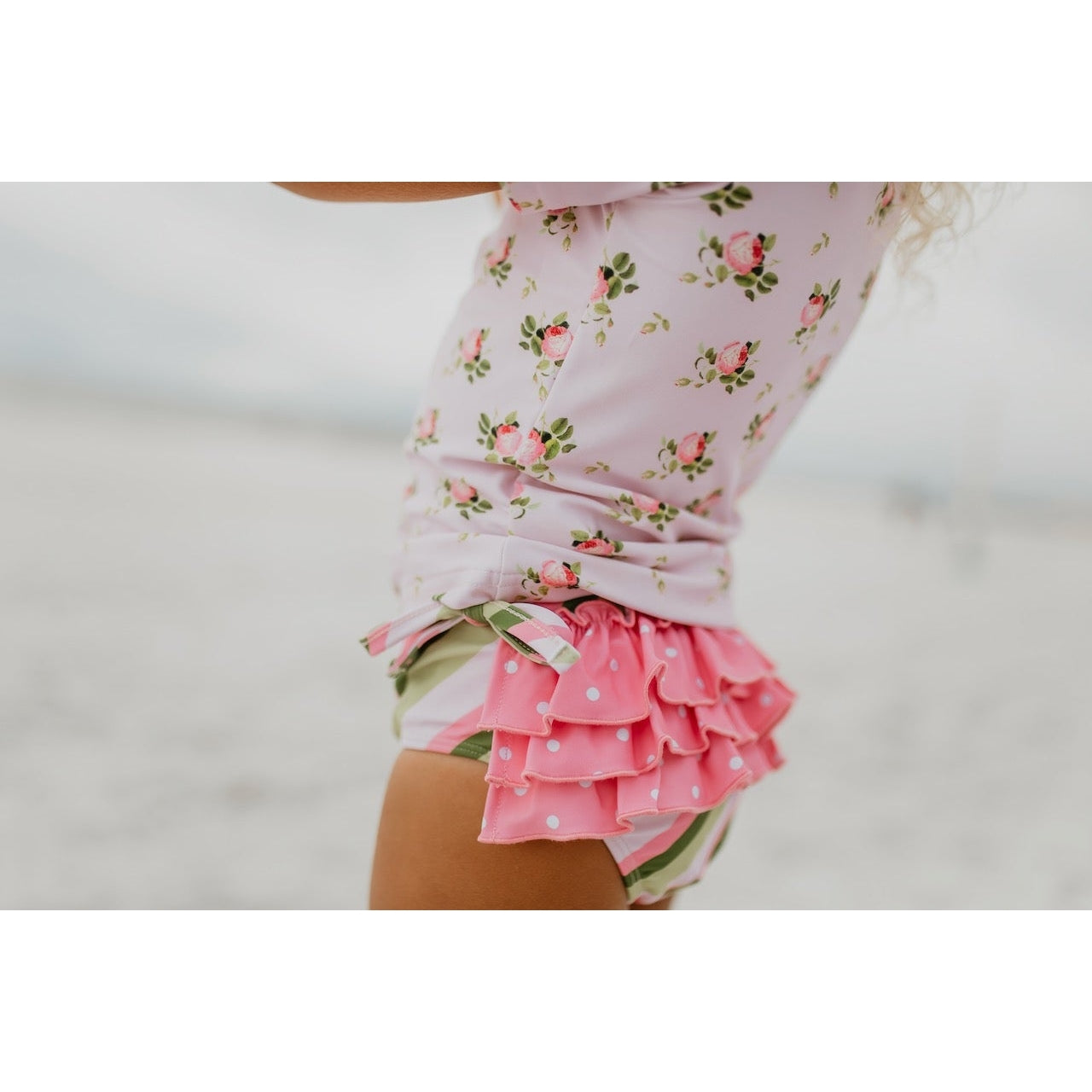 Light Pink Floral Rash Guard with Ruffle Bottoms