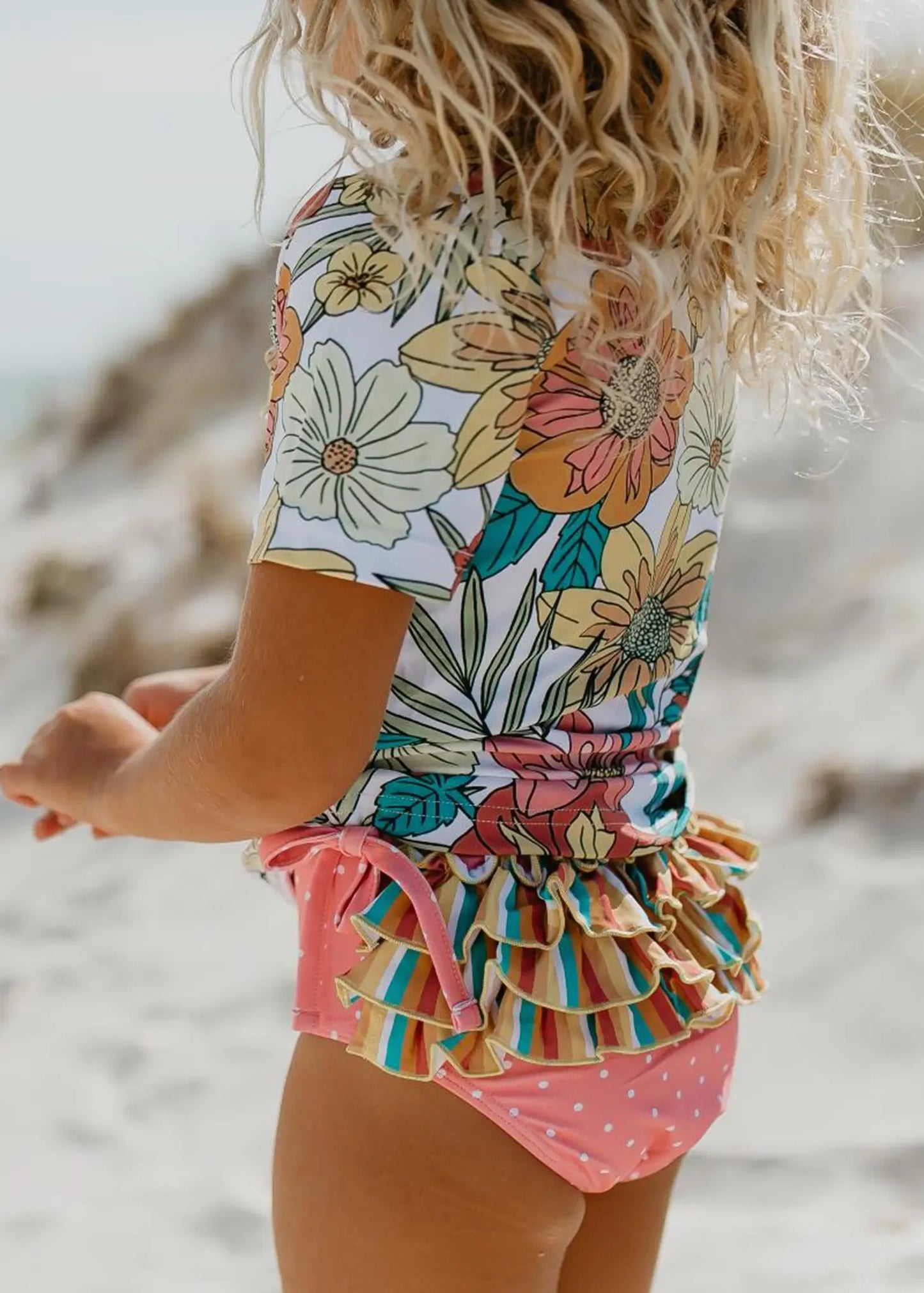 Pink Tropical Rash Guard Swimsuit with Ruffle Bottoms