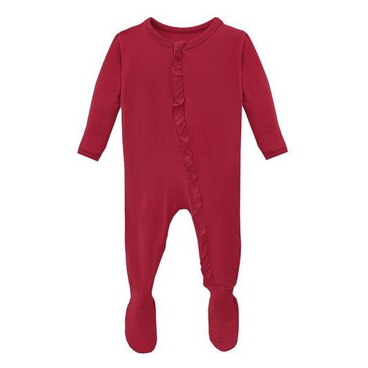 Solid Classic Ruffle Footie with Zipper - Crimson