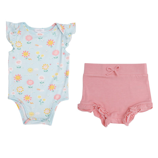 Ruffle Sleeve Onesie and High Waisted Short Set - Hello Daisy/Blossom