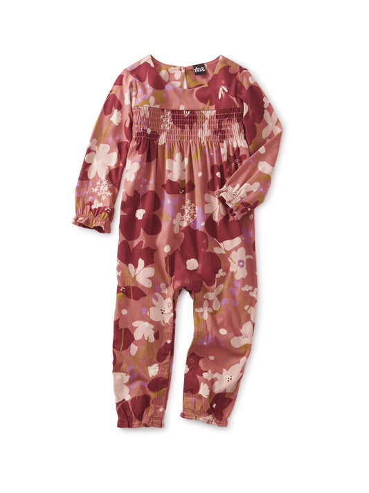 Sweetly Smocked Baby Romper - Tossed Floral in Faded Rose