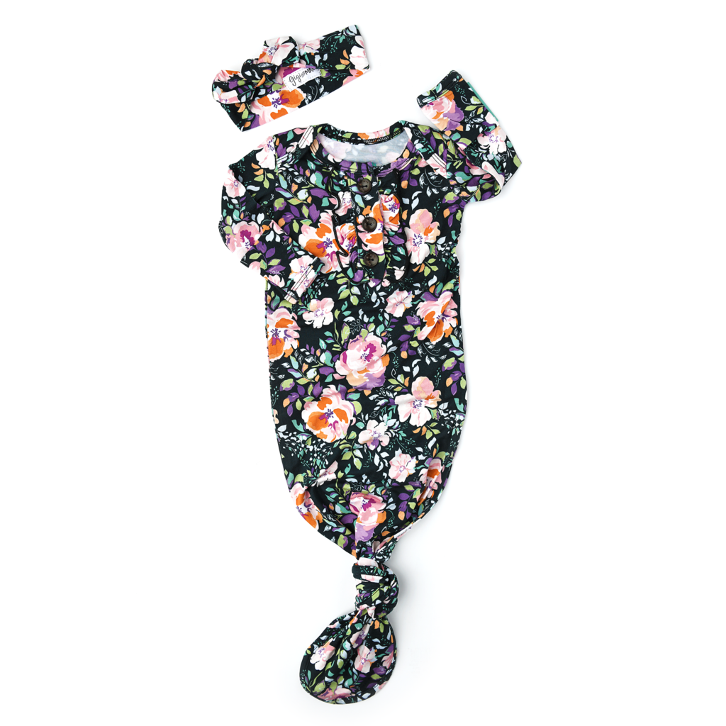 Gigi and Max Knotted Ruffle Button Gown with Headband Set - Willow Charcoal Floral