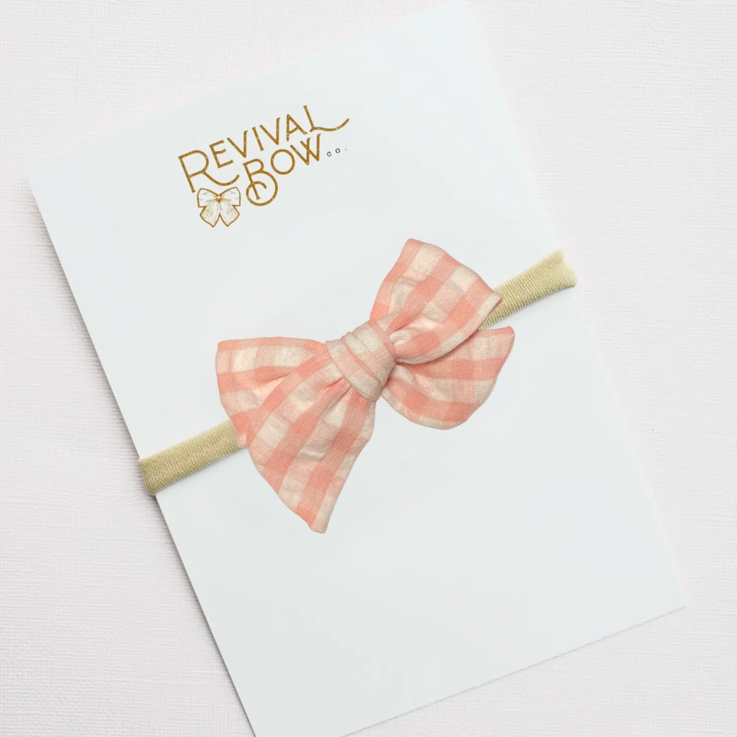 Peachy Gingham Small Pinwheel Bow on Nylon Headband