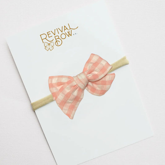 Peachy Gingham Small Pinwheel Bow on Nylon Headband