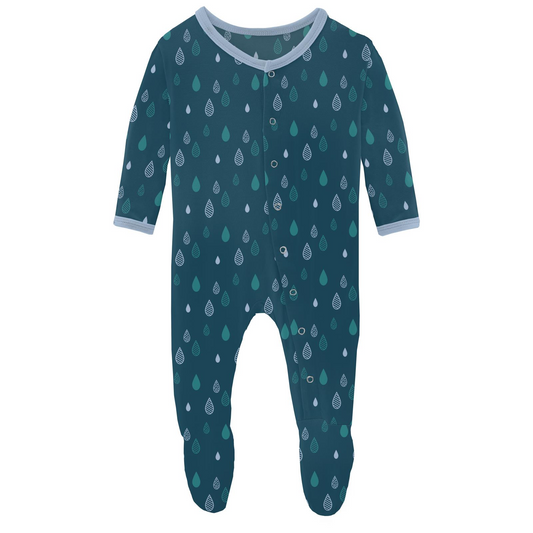 Peacock Raindrops Print Footie with Snaps