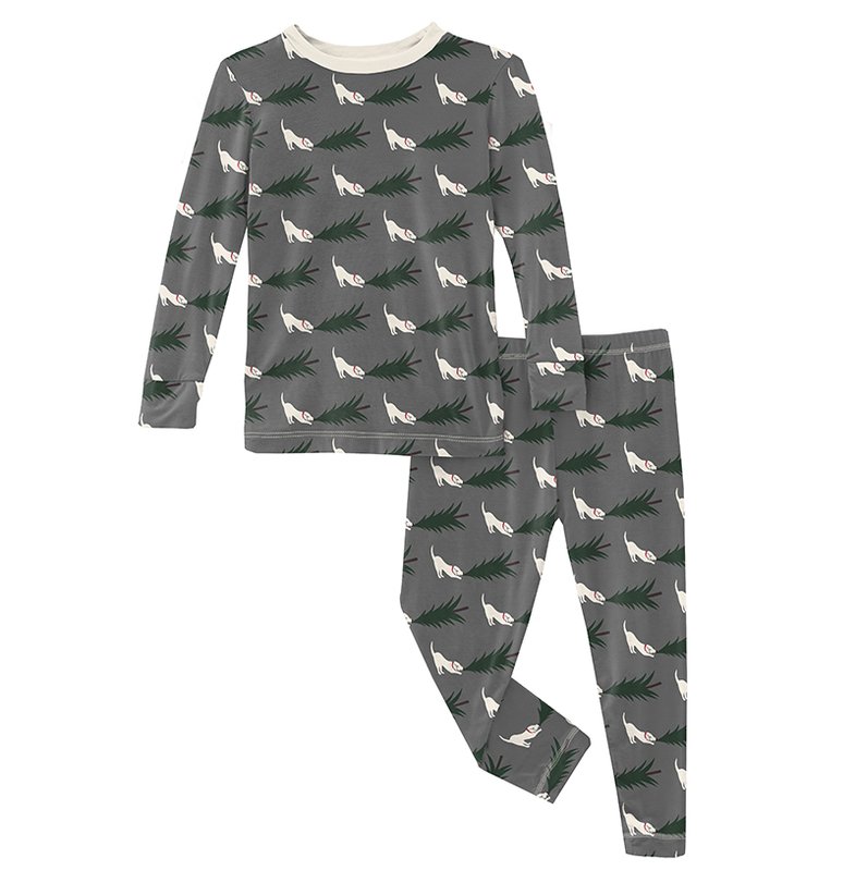 Print L/S Pajama Set - Pewter Christmas Tree Drag