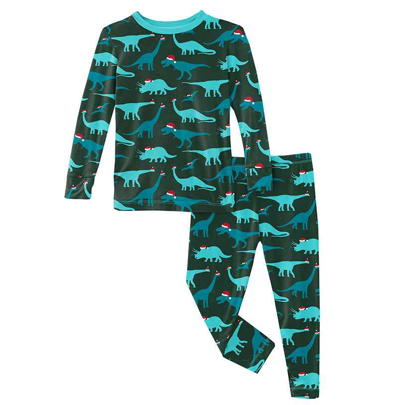 Print L/S Pajama Set - Santa Dinos