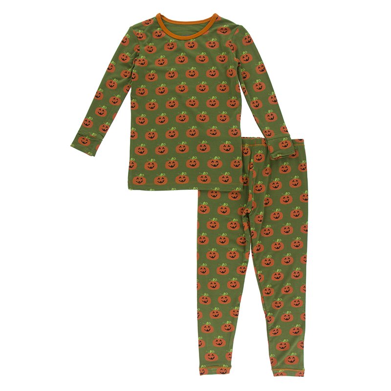 Print Long Sleeve Pajama Set - Moss Jack O'Lantern