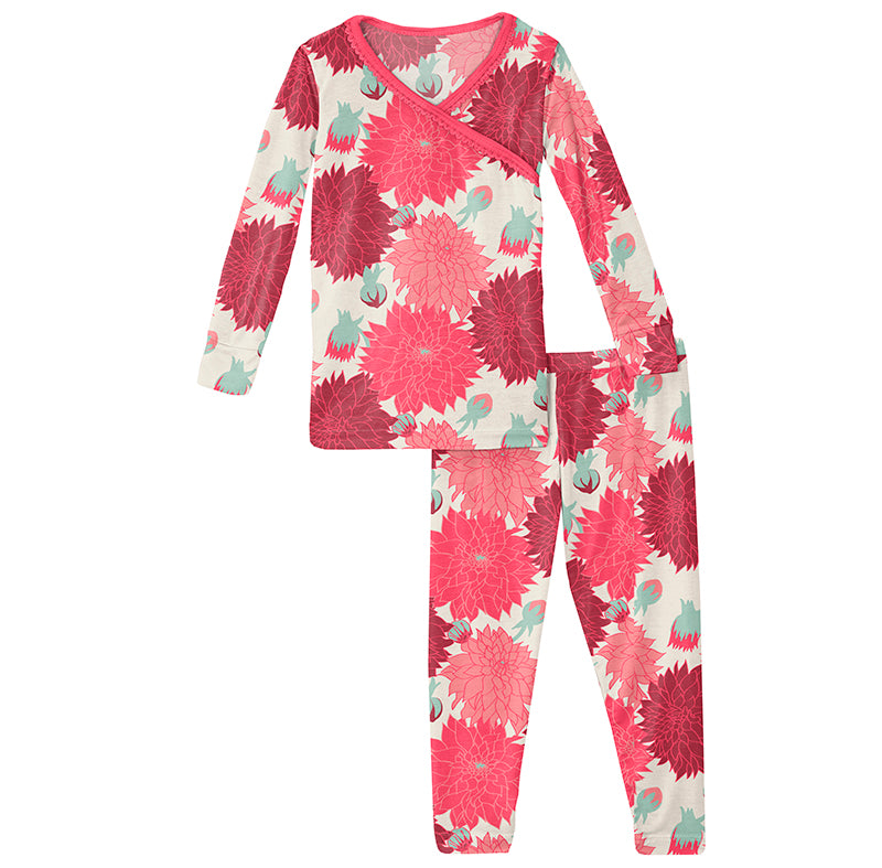 Print L/S Scallop Kimono PJ Set - Natural Dahlias