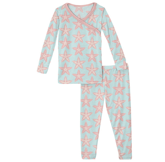 Print Long Sleeve Scallop Kimono Pajama Set - Fresh Air Fancy Starfish