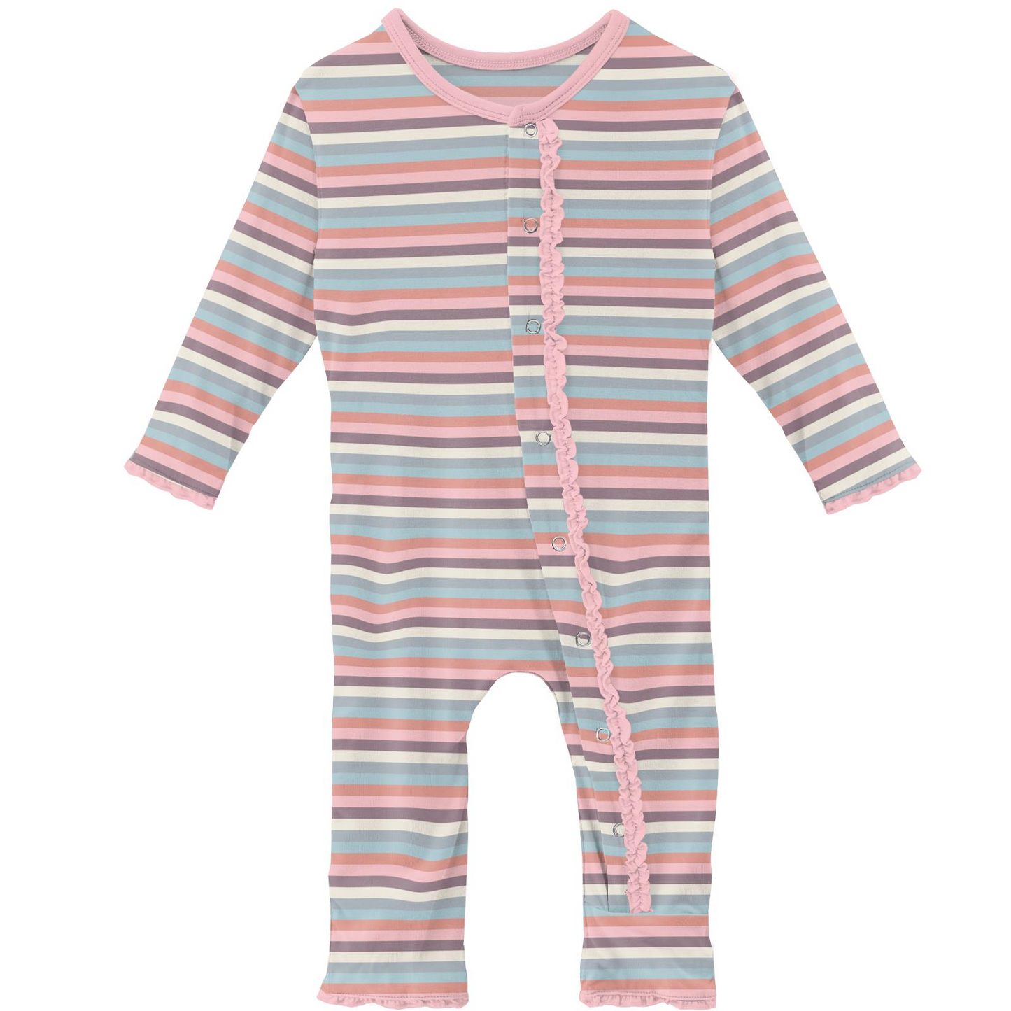 Print Muffin Ruffle Coverall with Snaps in Spring Bloom Stripe