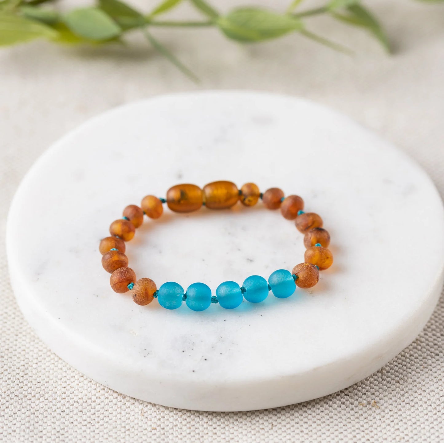 Marine Blue Sea Glass + Raw Cognac Amber Bracelet 5.5"