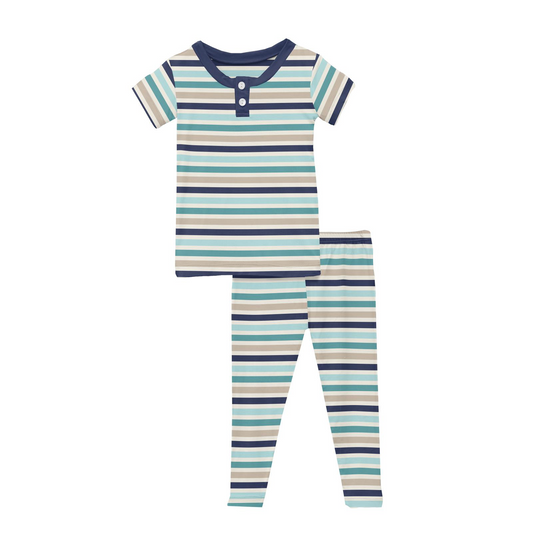 Print S/S Henley Pajama Set in Sand and Sea Stripe