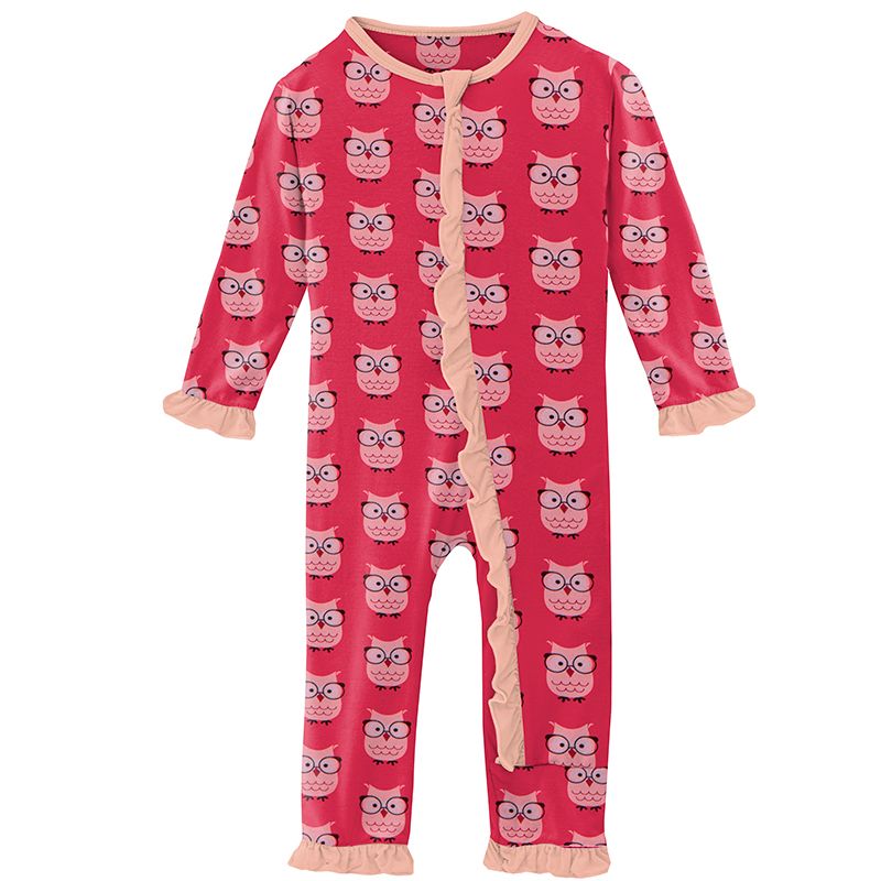 Print Ruffle Coverall with Zipper - Taffy Wise Owls