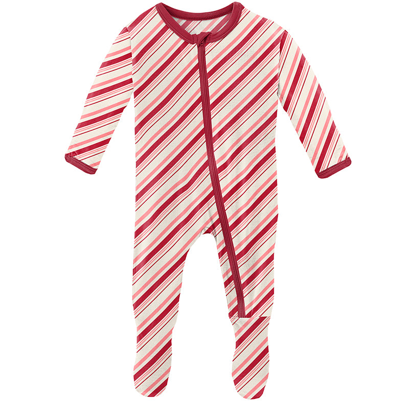 Print Footie with Zipper - Strawberry Candy Cane Stripe