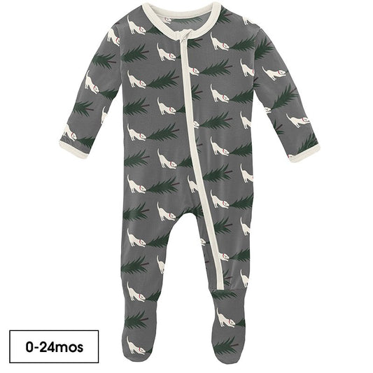 Print Footie with Zipper - Pewter Christmas Tree Drag