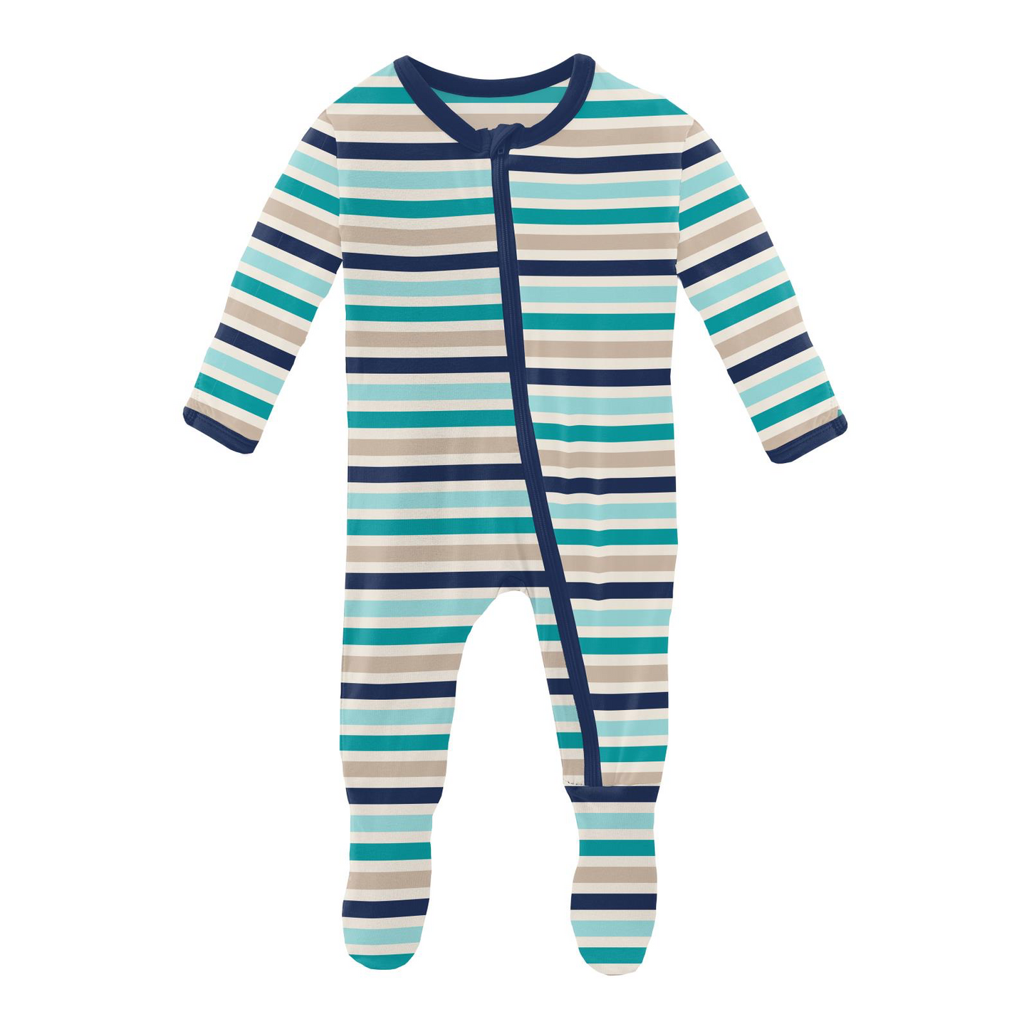 Print Footie with Zipper in Sand and Sea Stripe