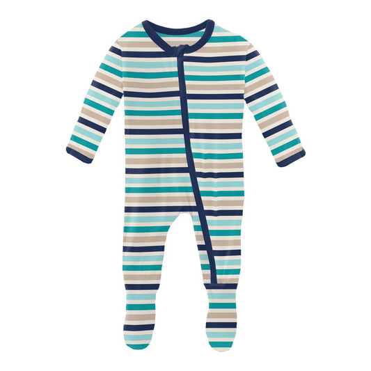 Print Footie with Zipper in Sand and Sea Stripe