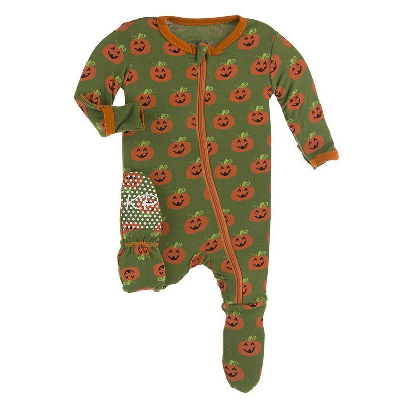 Print Footie with Zipper - Moss Jack O'Lantern