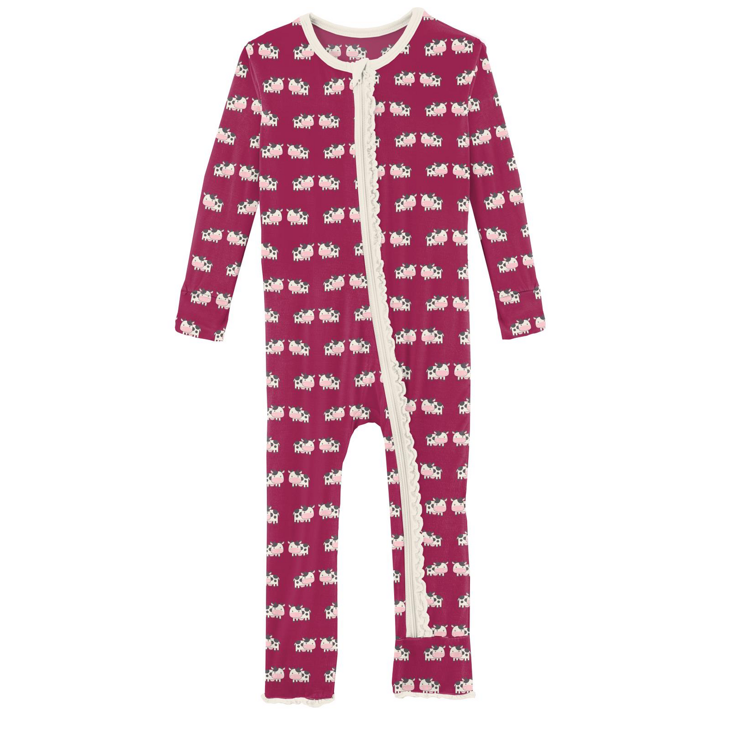 Berry Cow Print Ruffle Coverall with Zipper
