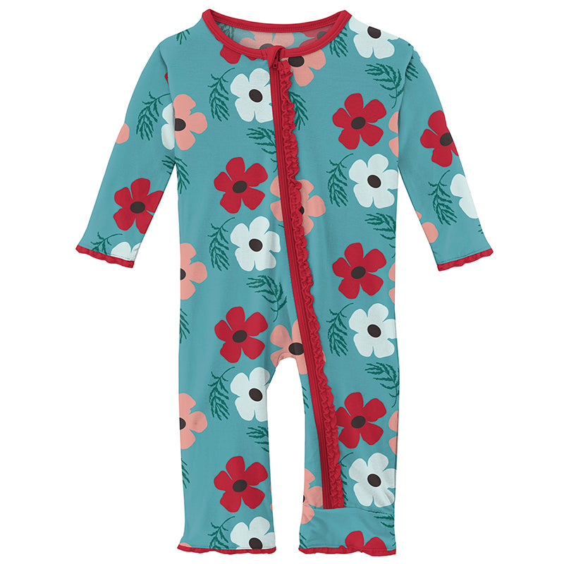 Print Muffin Ruffle Coverall with Zipper in Glacier Wildflowers