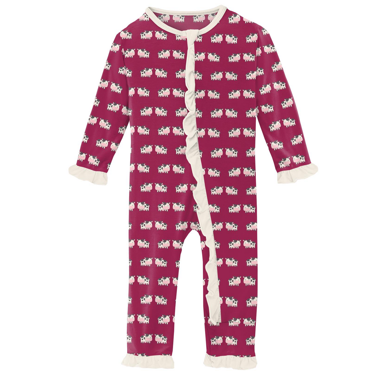 Berry Cow Print Ruffle Coverall with Zipper