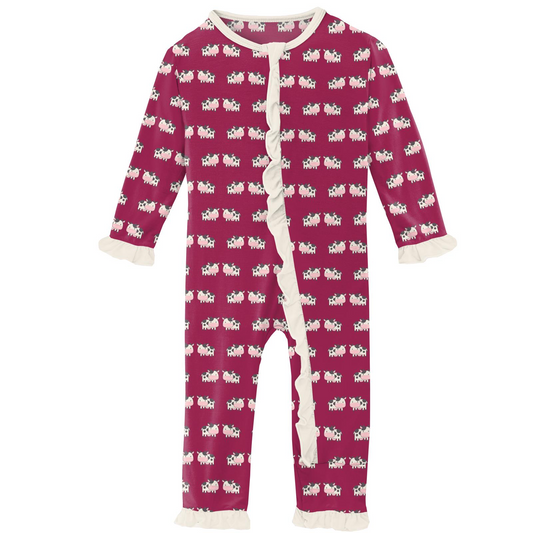 Berry Cow Print Ruffle Coverall with Zipper