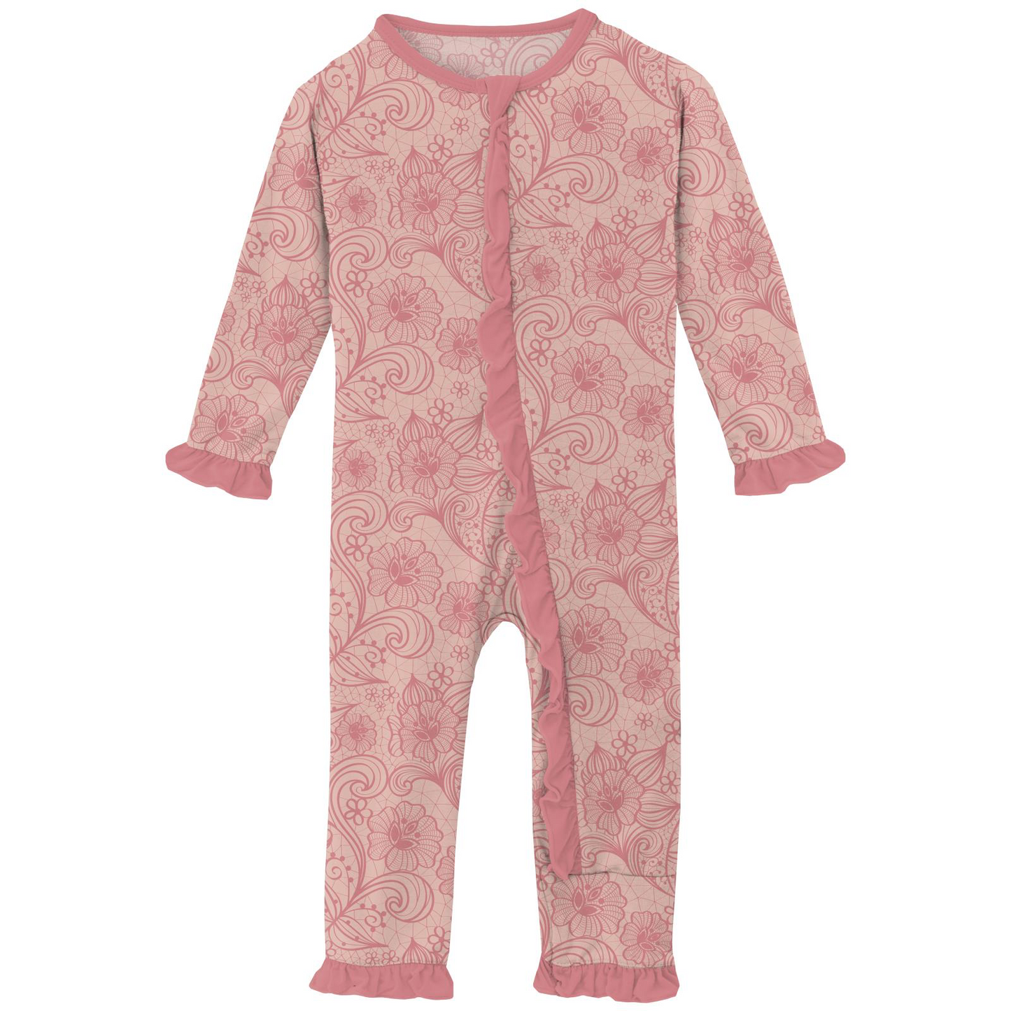 Peach Blossom Lace Ruffle Print Coverall with Zipper