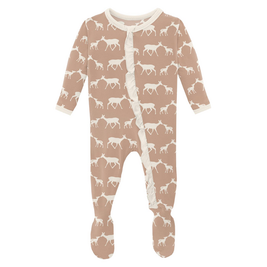 Doe and Fawn Print Ruffle Footie with Zipper