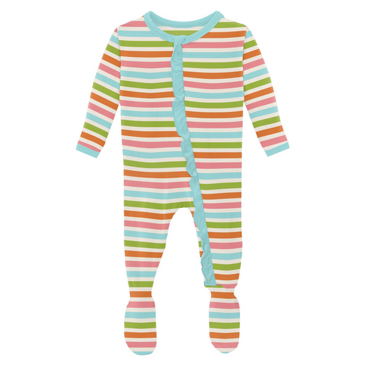 Print Classic Ruffle Footie with Zipper in Beach Day Stripe