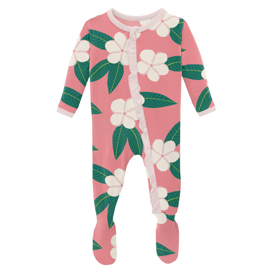 Print Classic Ruffle Footie with Zipper in Strawberry Plumeria