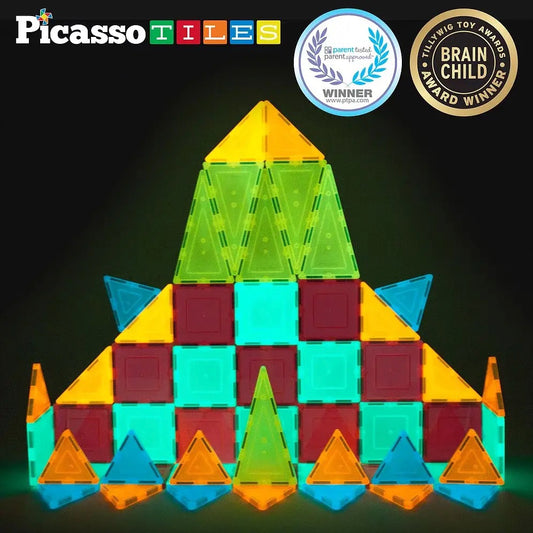 PicassoTiles 60 Piece Glow-in-the-Dark Magnetic Tileset