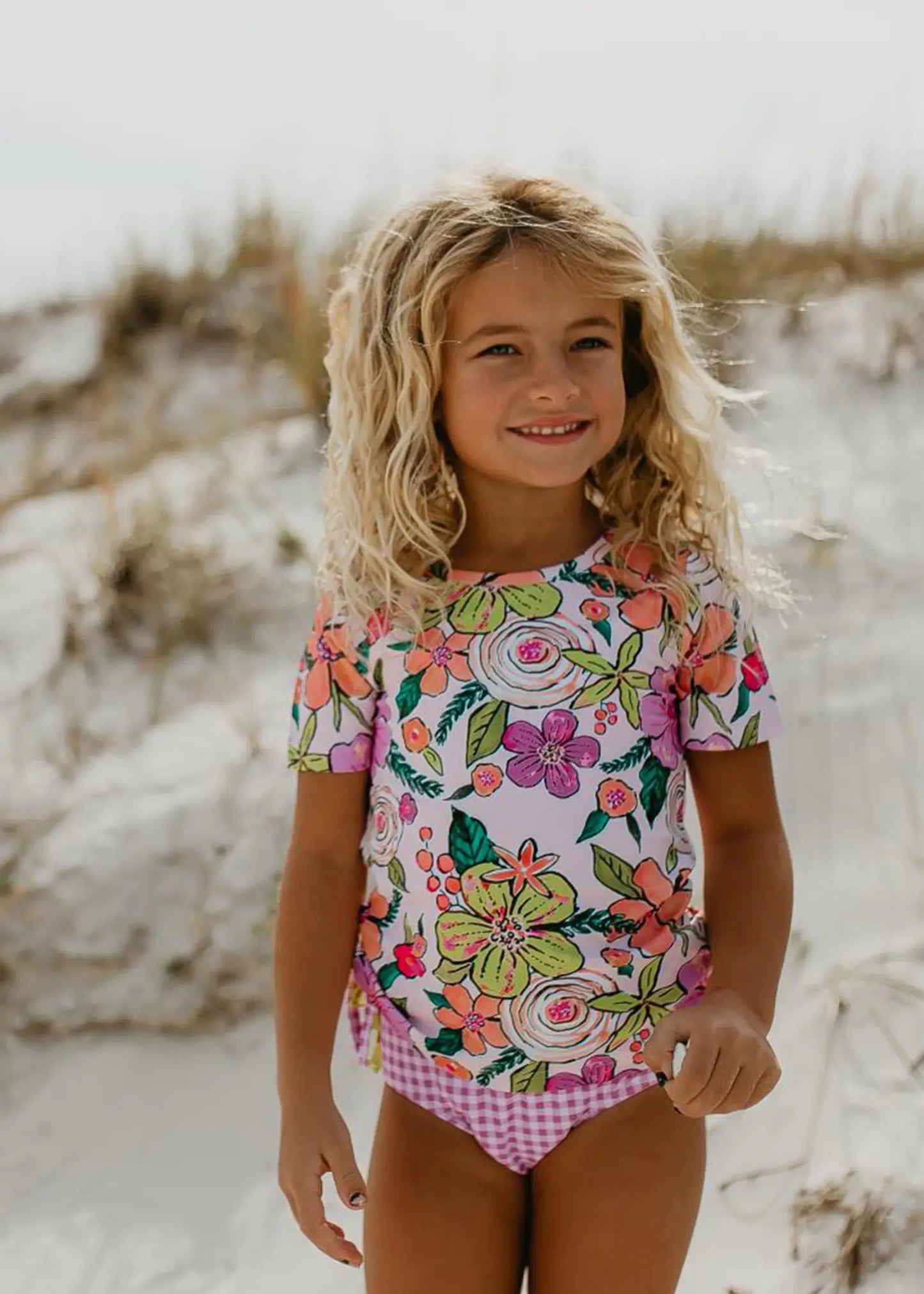 Lavender Check Rash Guard Swimsuit with Ruffle Bottoms