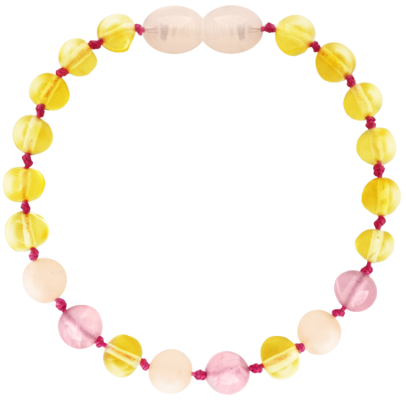 Honey, Quartz, & Pink Jade Amber & Gemstones Teething Bracelet 5.5"