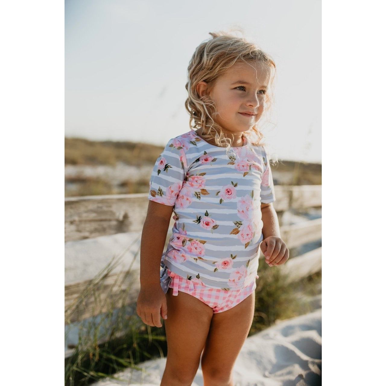 Pink Floral Rash Guard with Pink Check Ruffle Bottoms