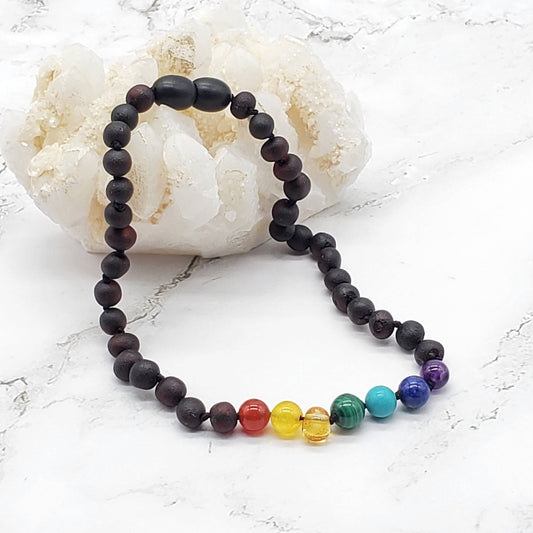 Raw Chakra Gemstones & Cherry Baltic Amber Kids Necklace