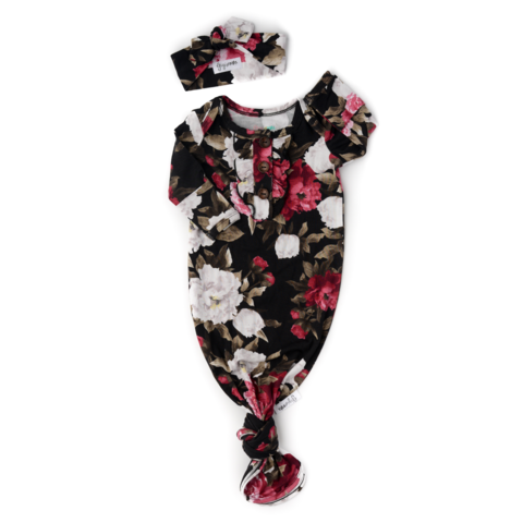 Gigi and Max Knotted Ruffle Button Gown with Headband Set - Black Peony
