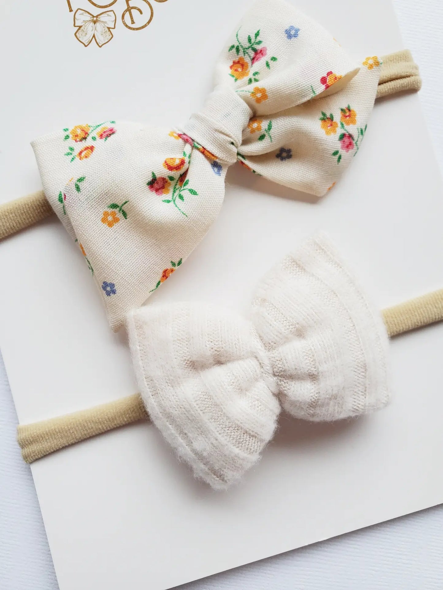 Cream Floral Baby Bow Set on Nylon Headbands