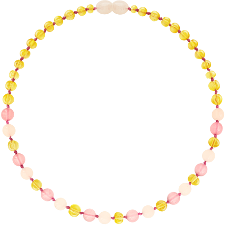 Honey, Rose Quartz, & Pink Jade Amber & Gemstone Teething Necklace 12.5"