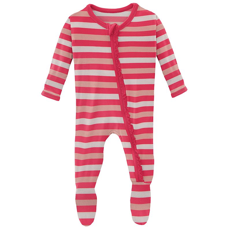 Print Ruffle Footie with Zipper - Hopscotch Stripe