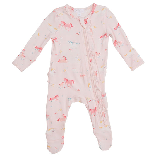Girl Ponies Ruffle Front Zipper Footie